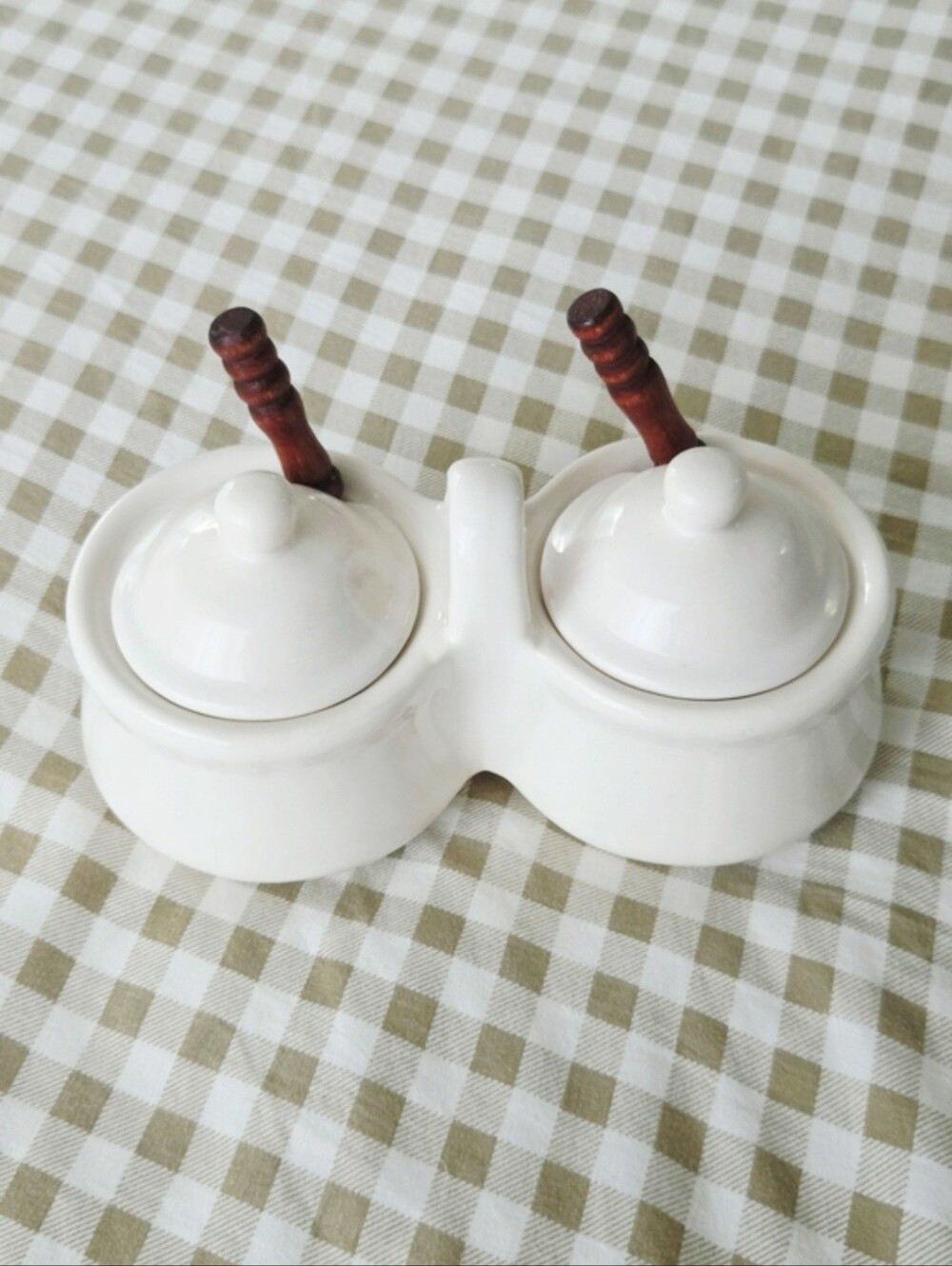 Vintage Houston Harvest Ceramic White Double Condiment Jelly Jam Jar/Spoons/Lids